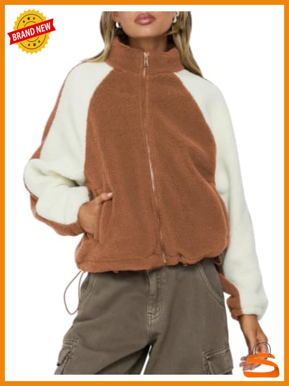 Sherpa Fleece Jacket Zip Up Color Block Warm Coat